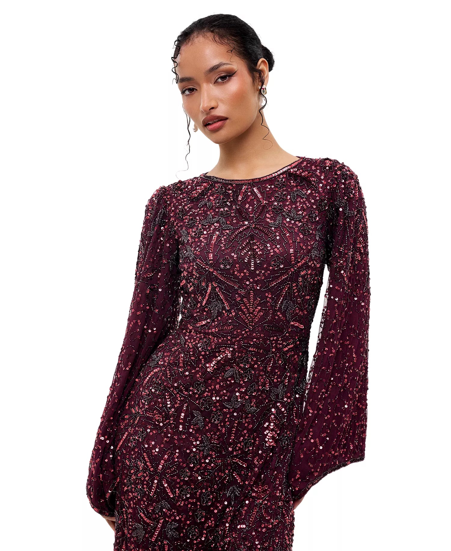Burgundy Mesh with Sequins Sheath Scoop Neck Floor Length Dress