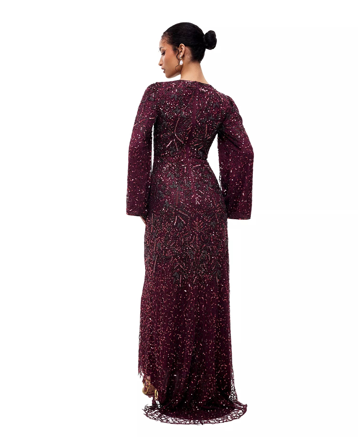 Burgundy Mesh with Sequins Sheath Scoop Neck Floor Length Dress