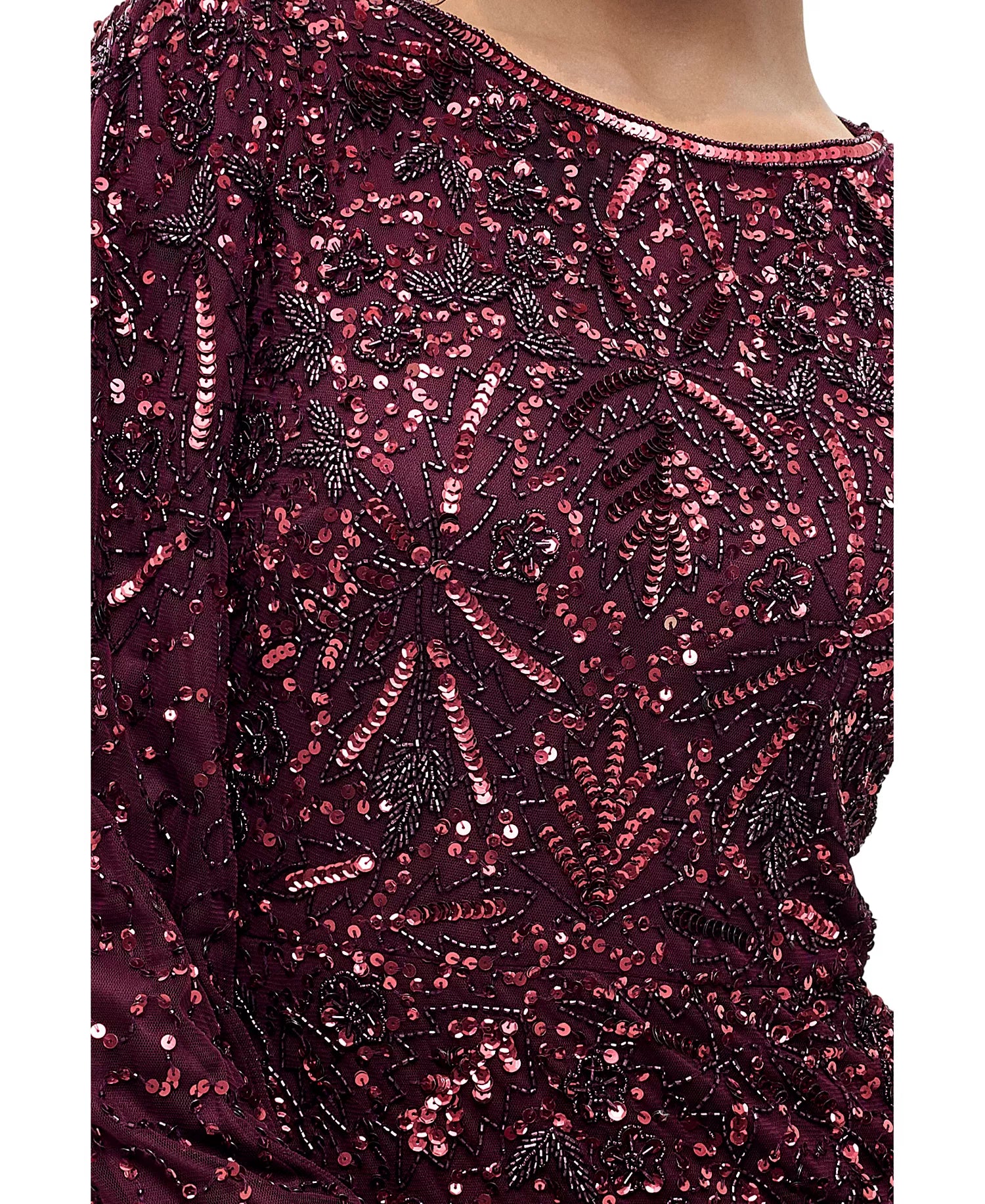 Burgundy Mesh with Sequins Sheath Scoop Neck Floor Length Dress