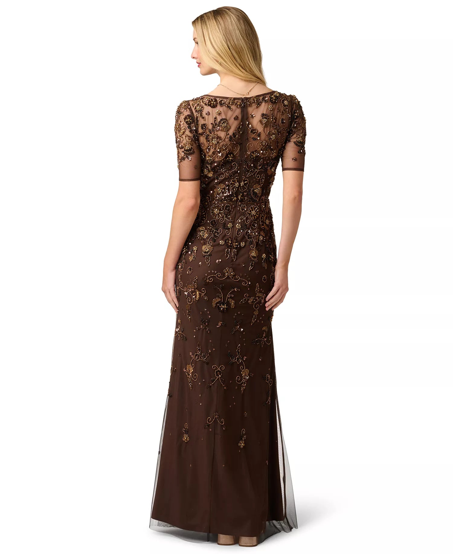 Espresso Brown Mesh with Sequins and Beads Sheath V-Neck Floor-Length Dress