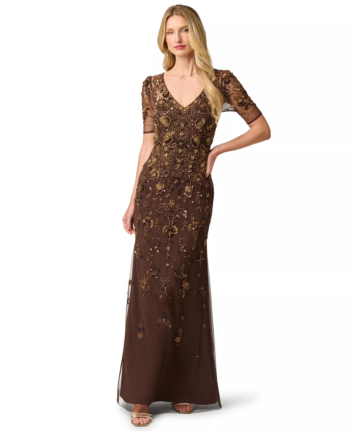 Espresso Brown Mesh with Sequins and Beads Sheath V-Neck Floor-Length Dress