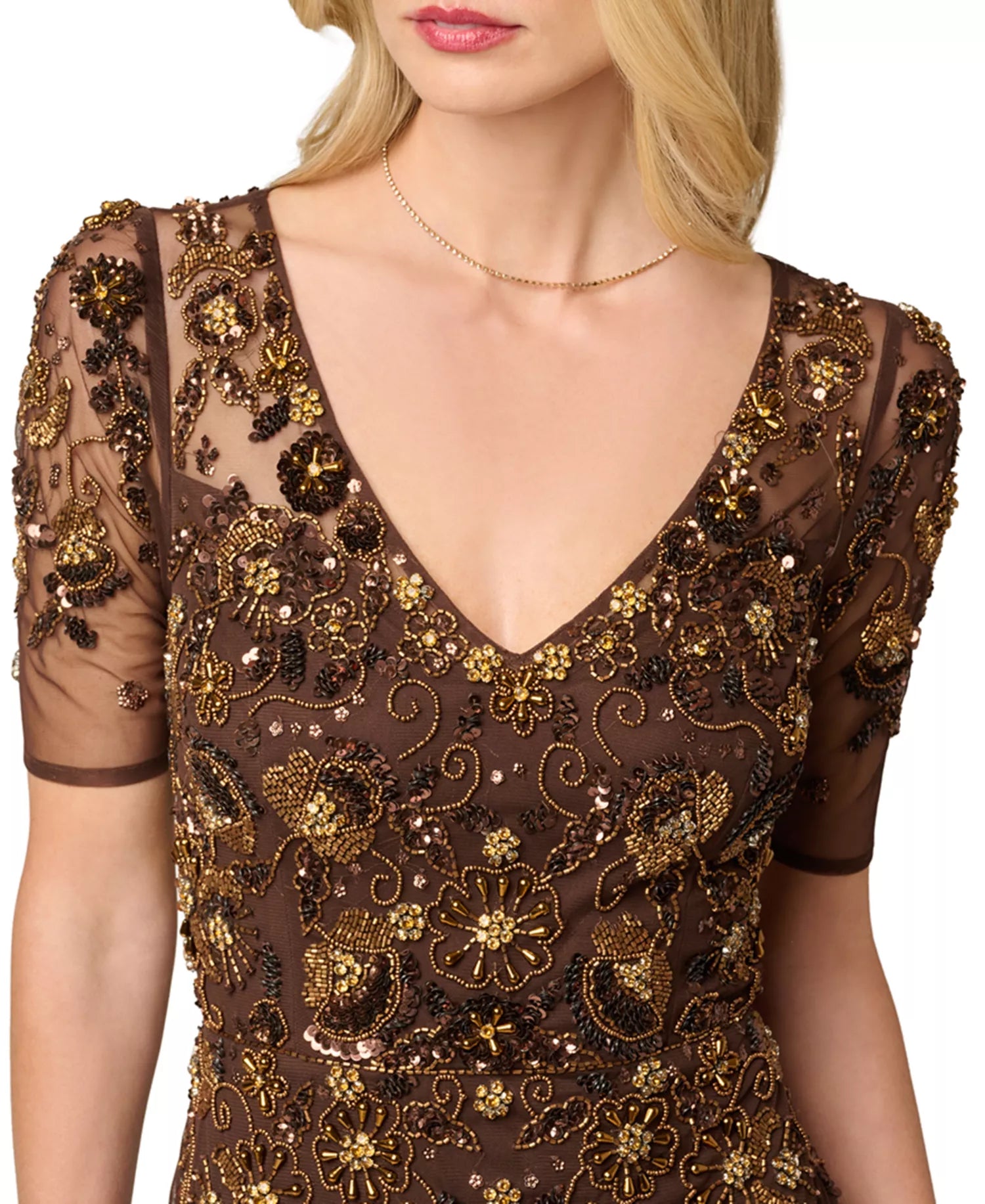 Espresso Brown Mesh with Sequins and Beads Sheath V-Neck Floor-Length Dress