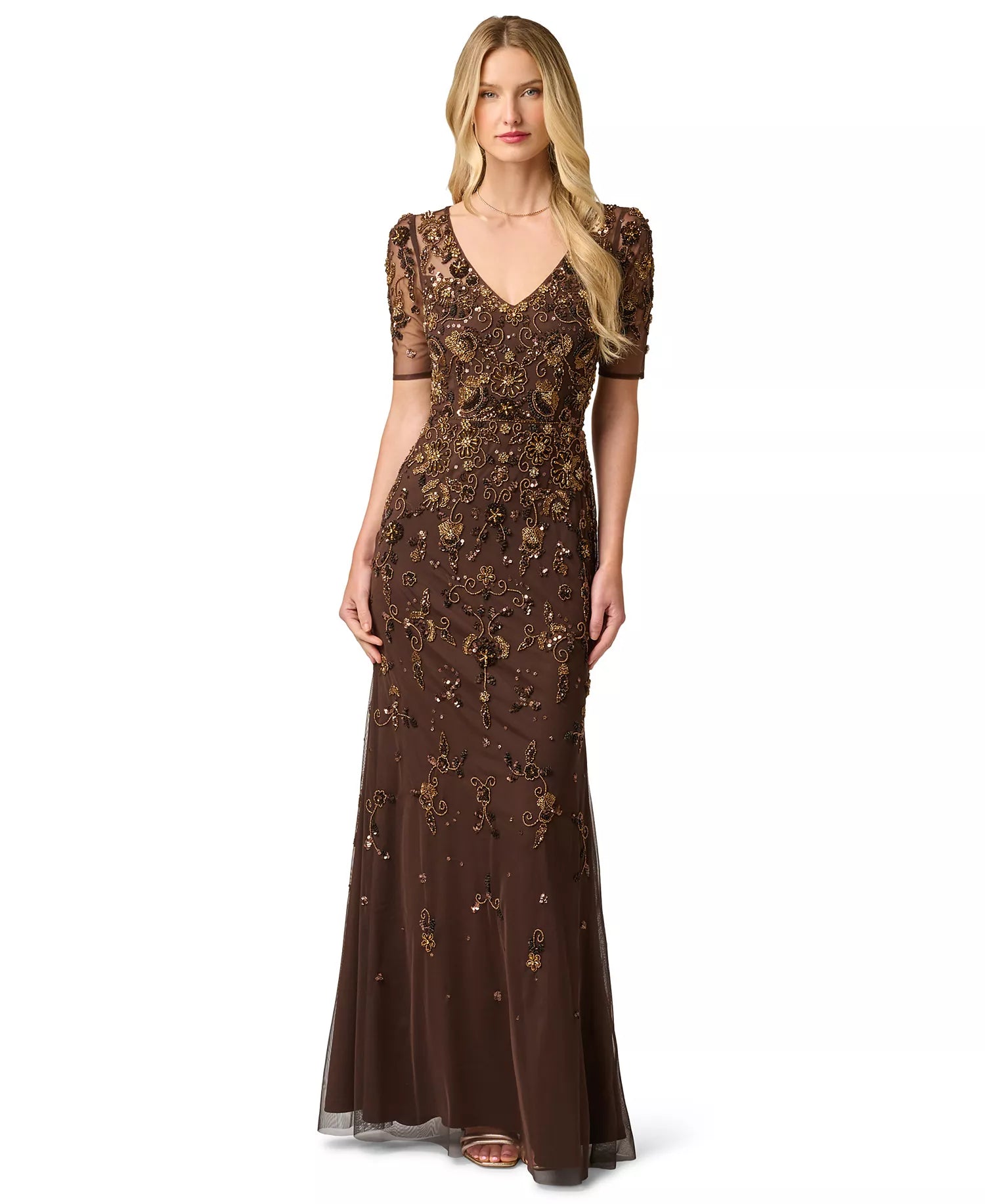 Espresso Brown Mesh with Sequins and Beads Sheath V-Neck Floor-Length Dress