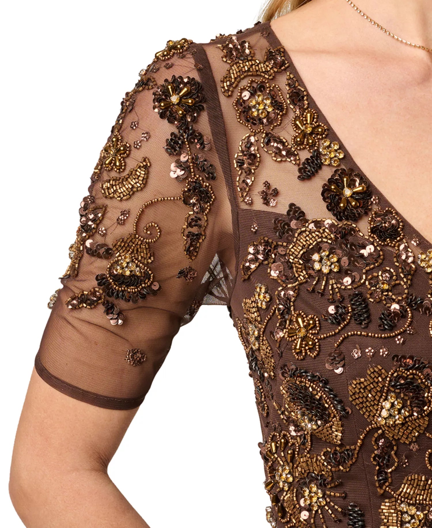 Espresso Brown Mesh with Sequins and Beads Sheath V-Neck Floor-Length Dress