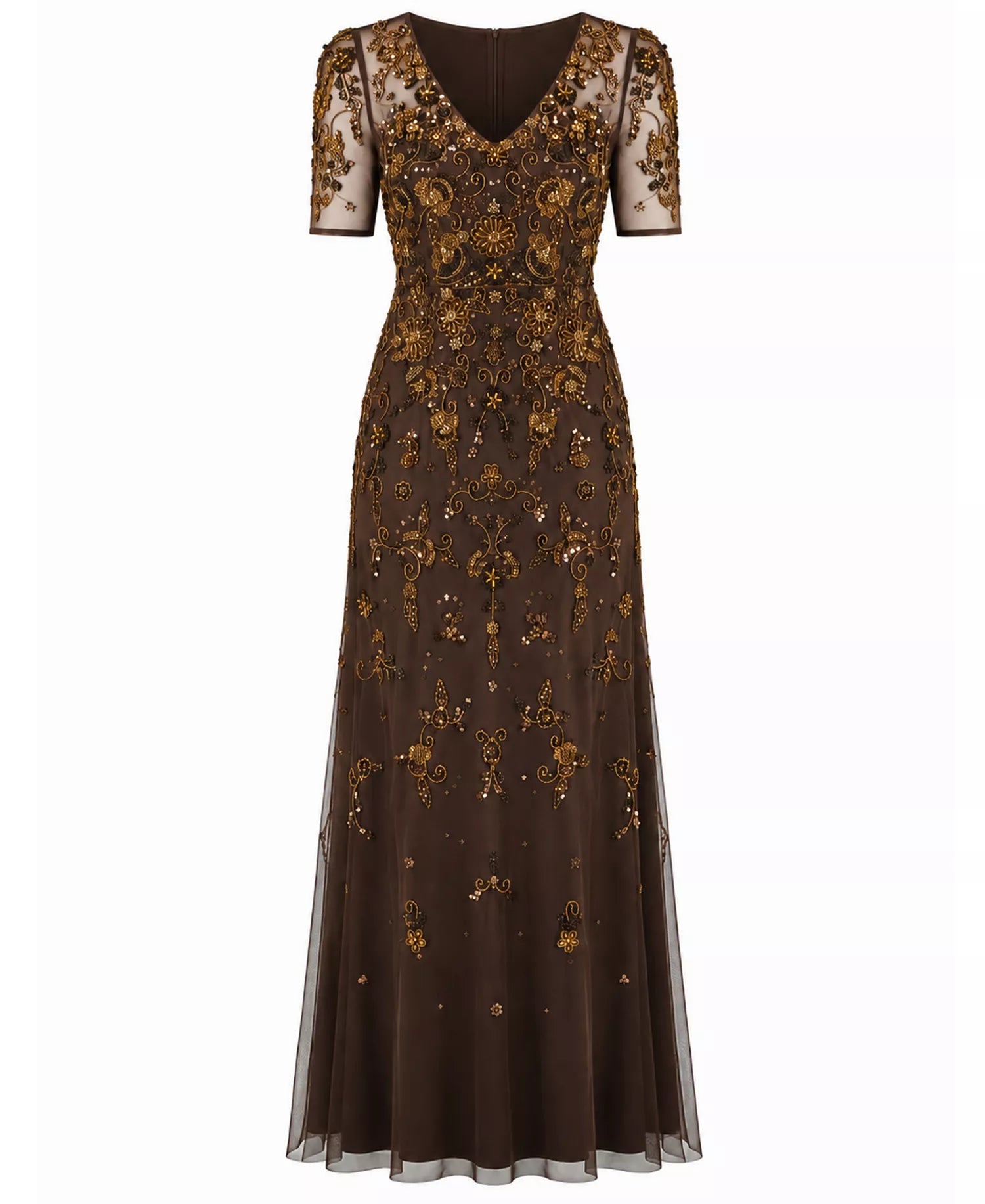 Espresso Brown Mesh with Sequins and Beads Sheath V-Neck Floor-Length Dress