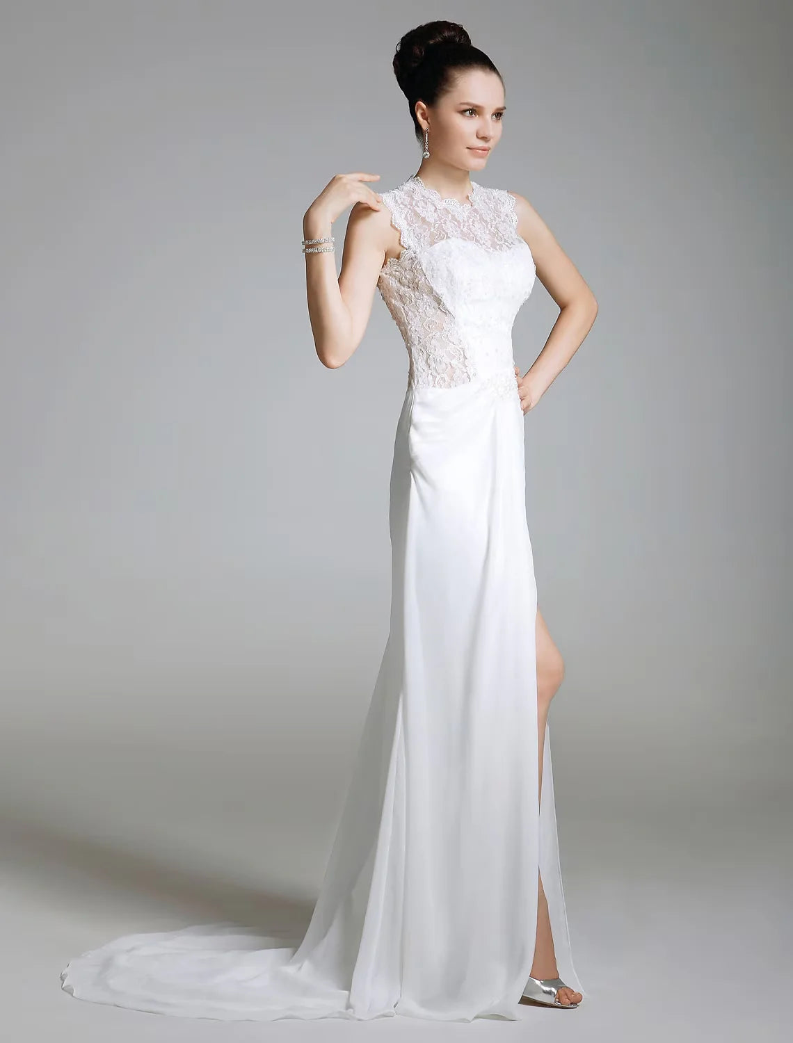 Evening Sweep / Brush Train Sleeveless Illusion Neck Chiffon with Lace Split Front