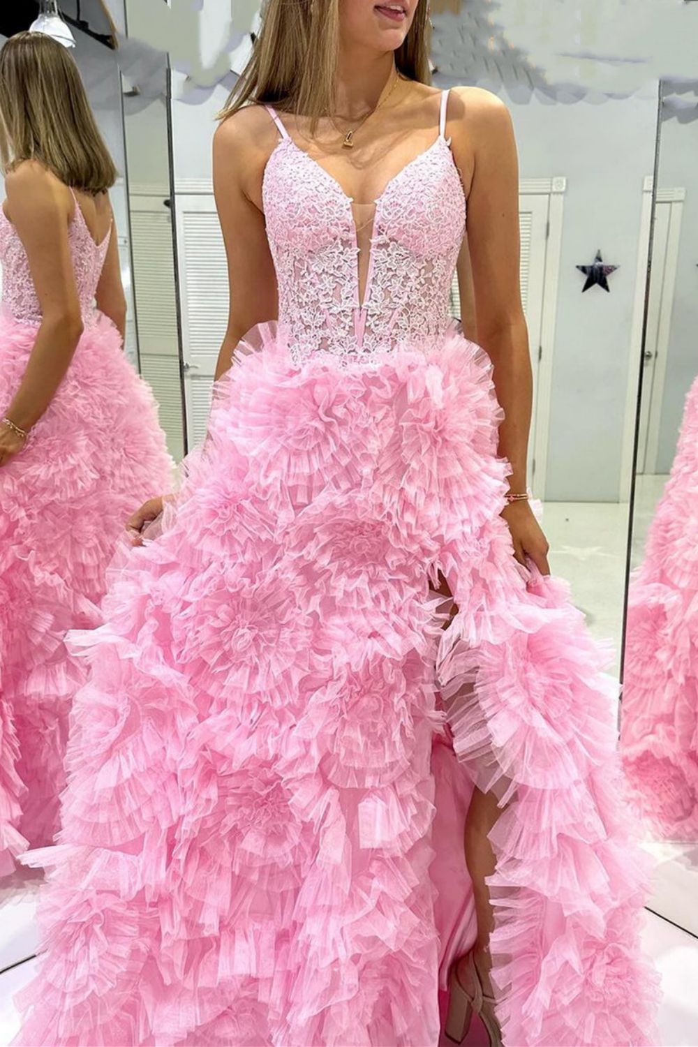 Weitese Gorgeous A Line Spaghetti Straps Pink Corset Prom Dress with 3D Flowers