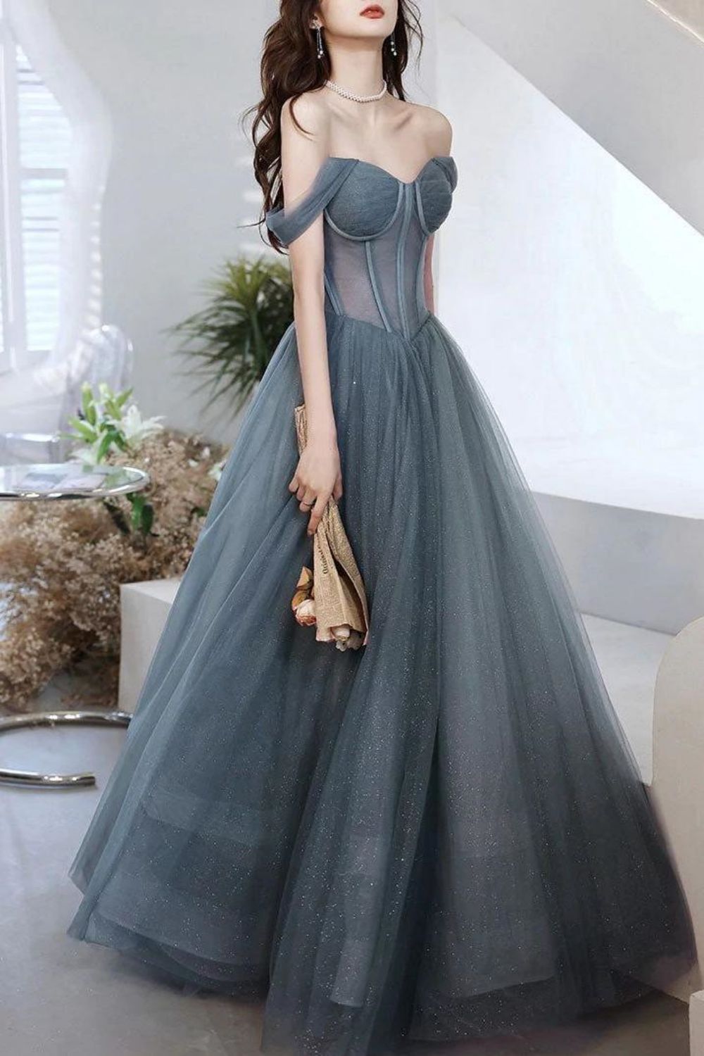 Weitese Charming A Line Off the Shoulder Grey Long Prom Dress