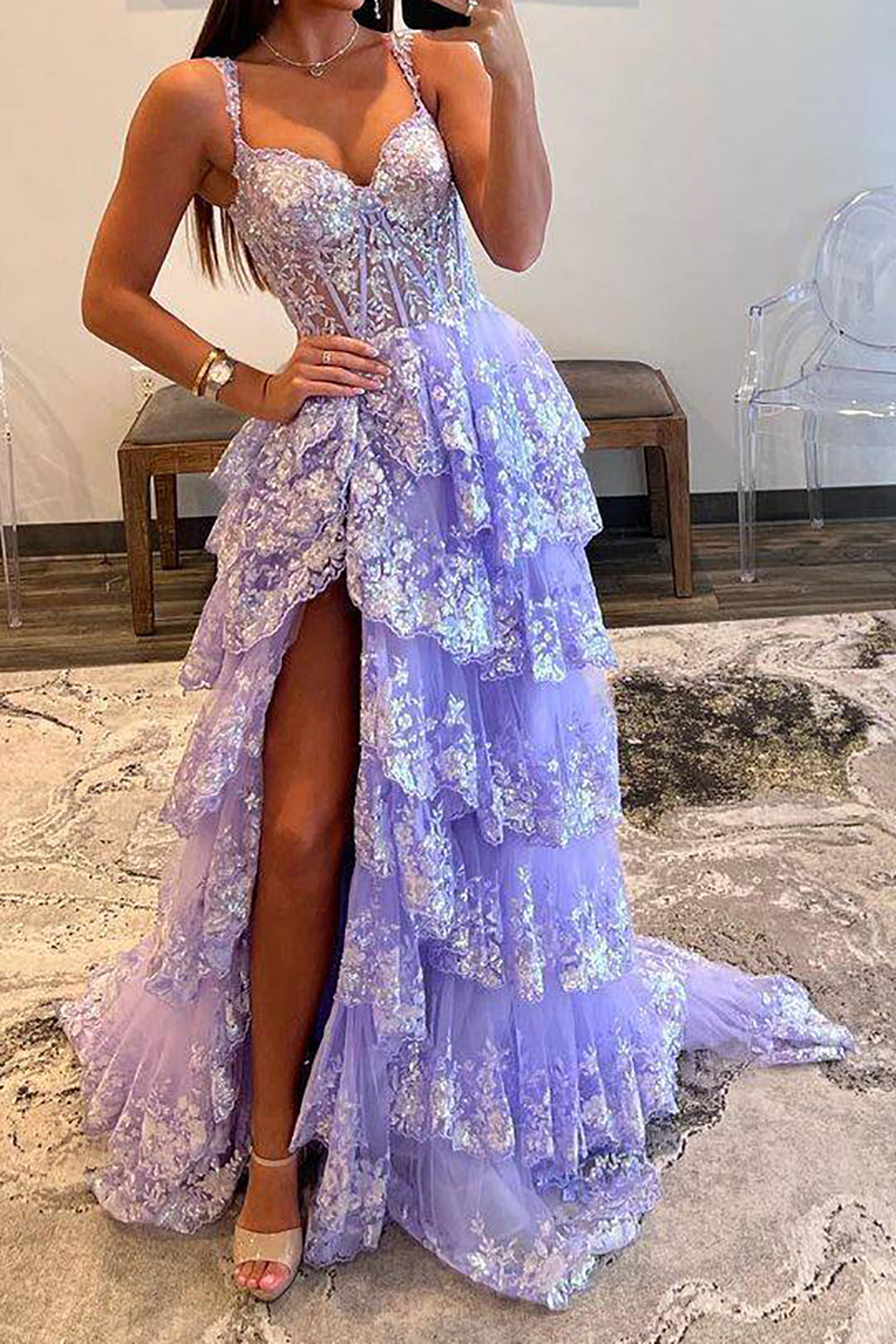 Weitese Gorgeous A Line Sweetheart Light Purple Corset Prom Dress with Ruffles