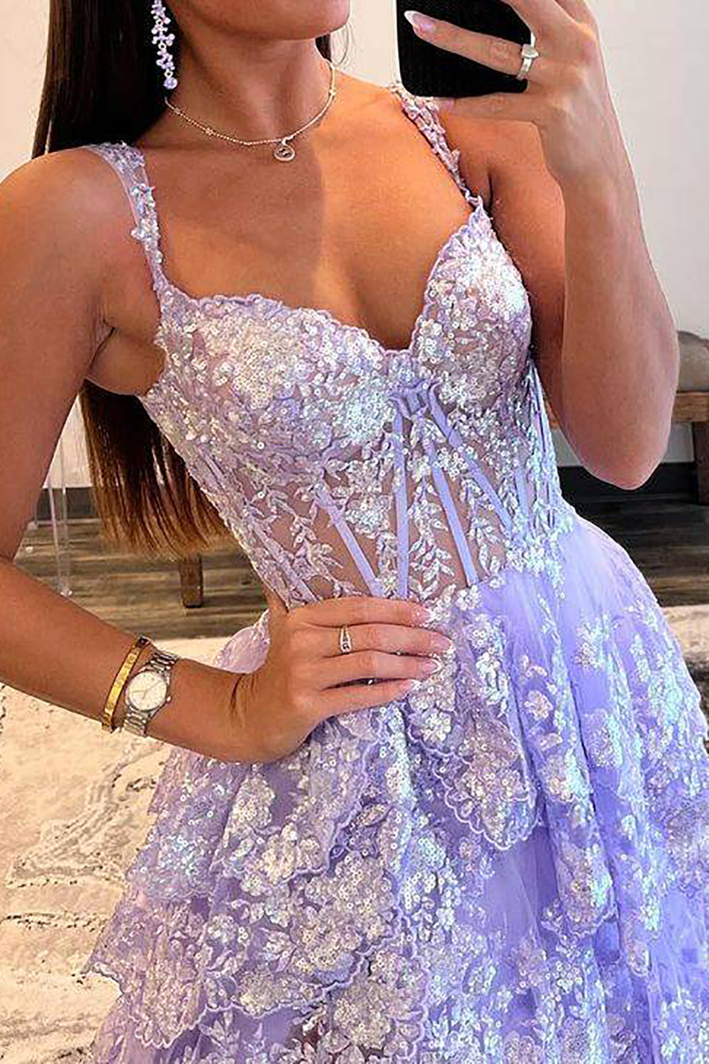 Weitese Gorgeous A Line Sweetheart Light Purple Corset Prom Dress with Ruffles