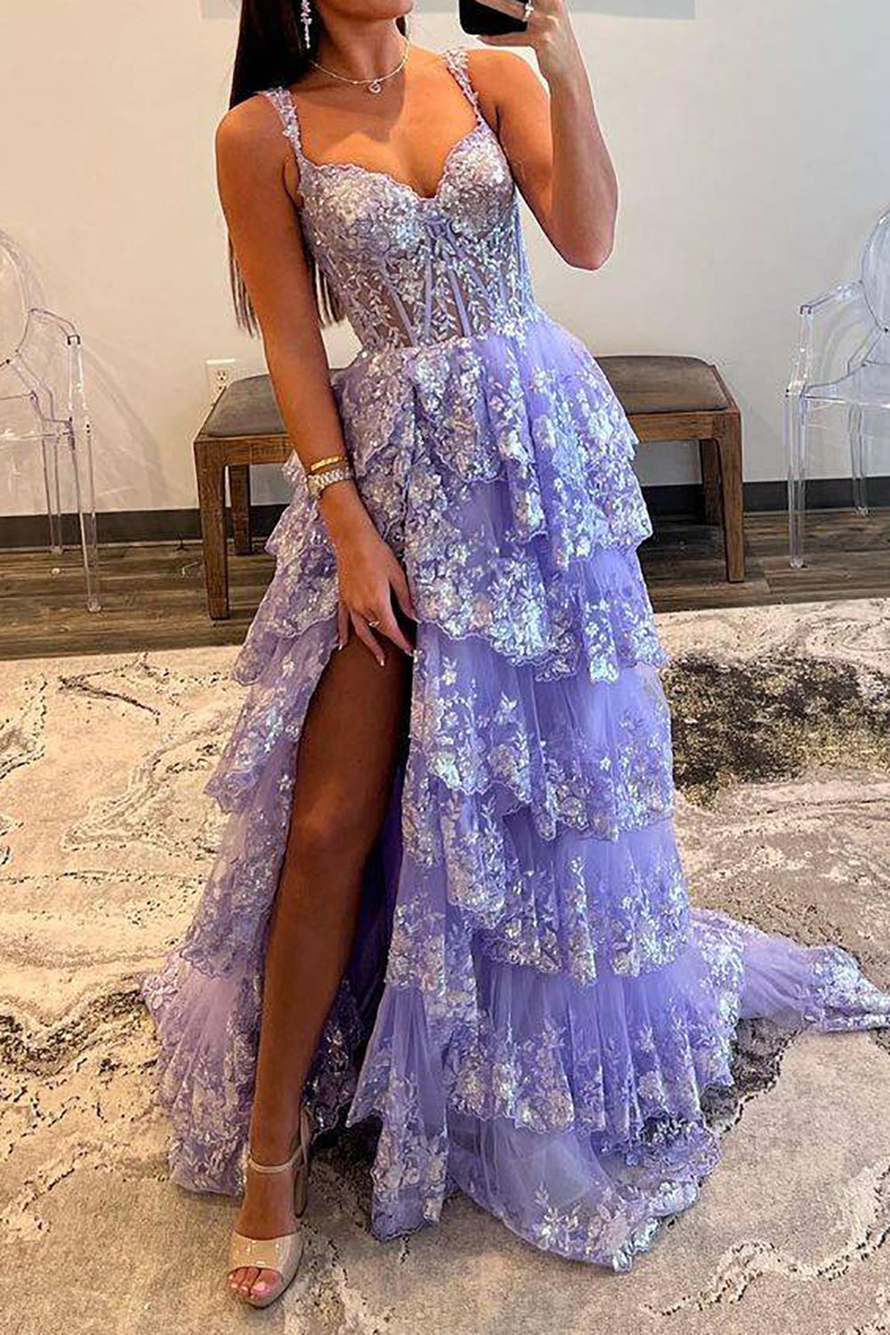 Weitese Gorgeous A Line Sweetheart Light Purple Corset Prom Dress with Ruffles