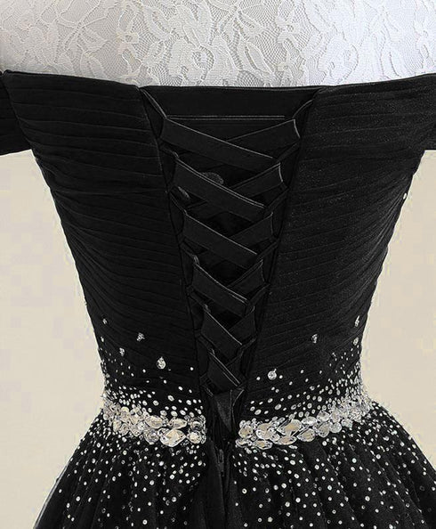 Sparkly Off Shoulder Black Tulle Beaded Waist Ball Gown
