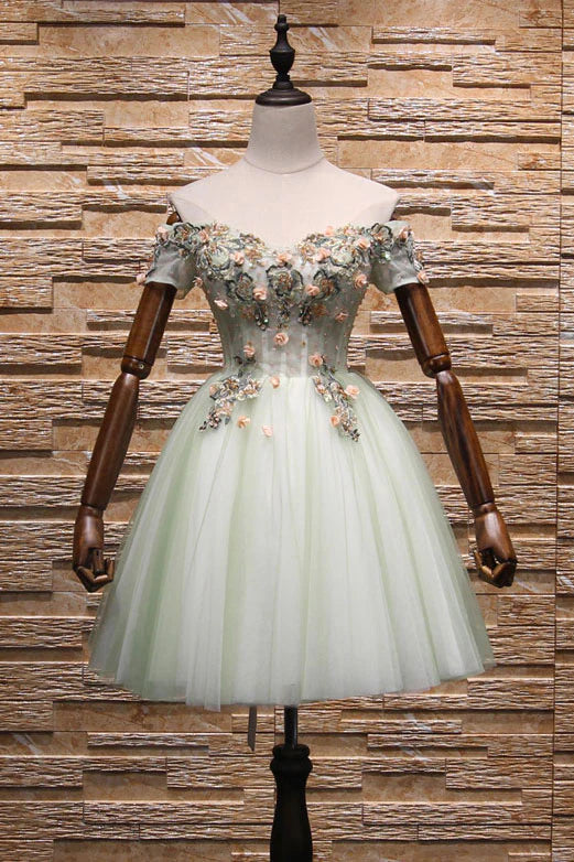 Vestido corto de fiesta con apliques de encaje de tul verde claro