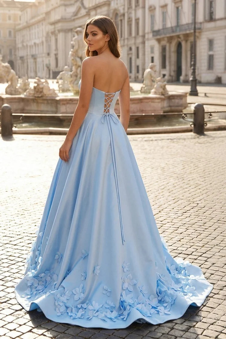 Sky Blue Satin A-Line Sweetheart Lace-Up Back Floor-Length Dress