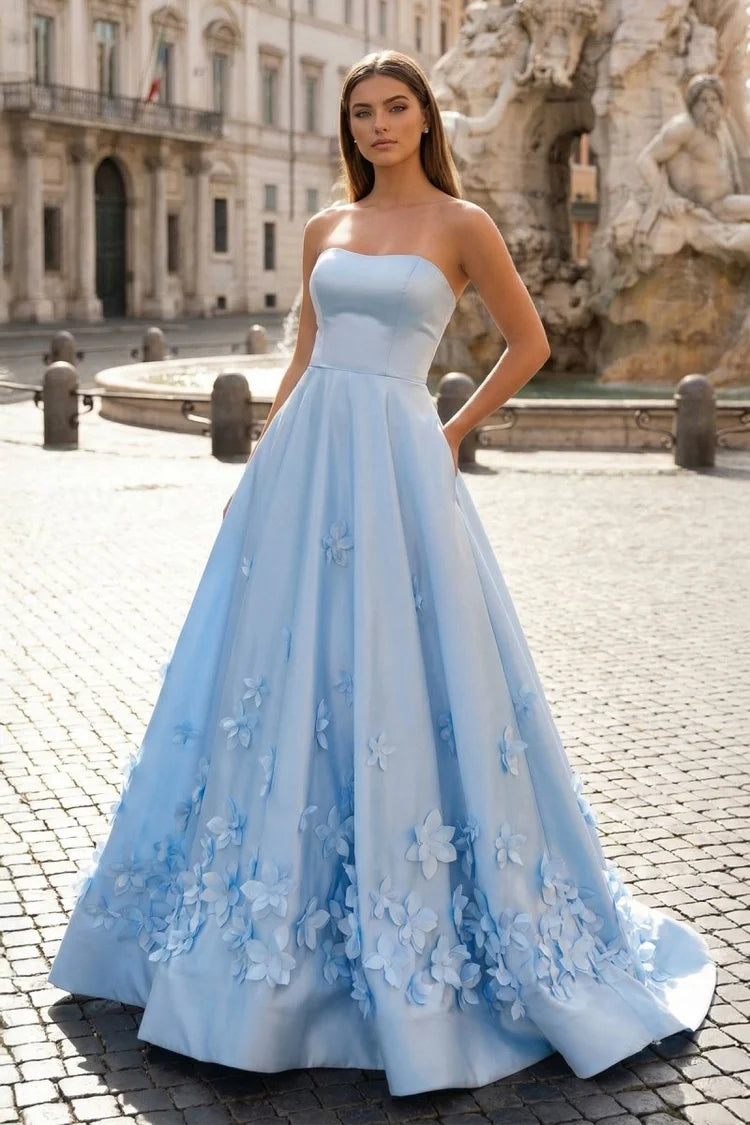 Sky Blue Satin A-Line Sweetheart Lace-Up Back Floor-Length Dress