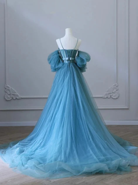 Dusty Blue Tulle and Satin A-Line Sweetheart Lace-Up Back Floor-Length Dress