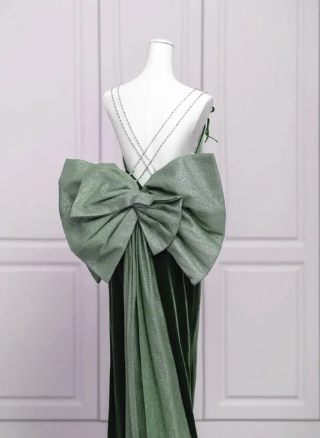 Olive Green Velvet Mermaid Cowl Neck Criss-Cross Back Floor-Length Dress