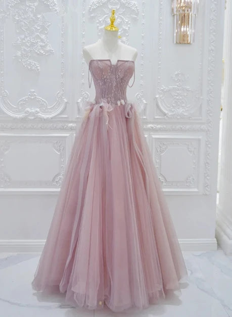 Mauve Tulle A-Line Sweetheart Lace-Up Back Floor-Length Dress