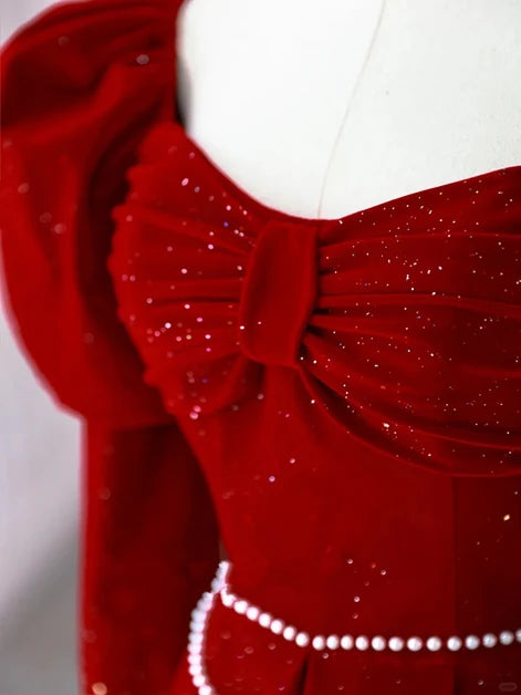 Red Glitter Velvet A-Line Sweetheart Back Zip Floor-Length Dress