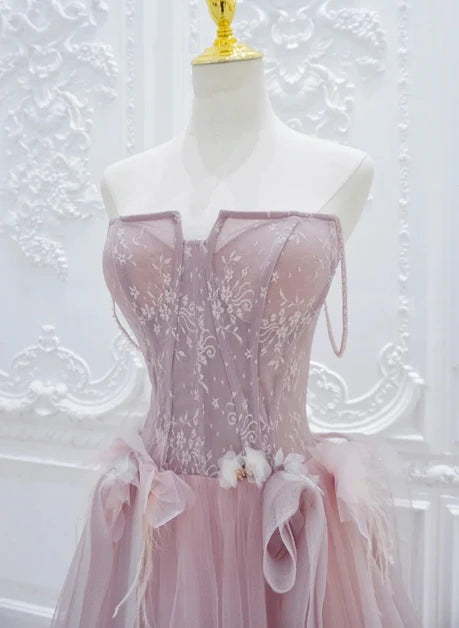 Mauve Tulle A-Line Sweetheart Lace-Up Back Floor-Length Dress