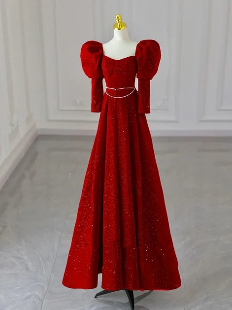 Red Glitter Velvet A-Line Sweetheart Back Zip Floor-Length Dress