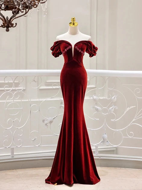 Burgundy Velvet Mermaid Off-the-Shoulder Zipper Back Floor-Length Dress