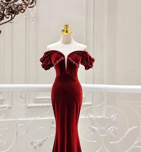 Burgundy Velvet Mermaid Off-the-Shoulder Zipper Back Floor-Length Dress