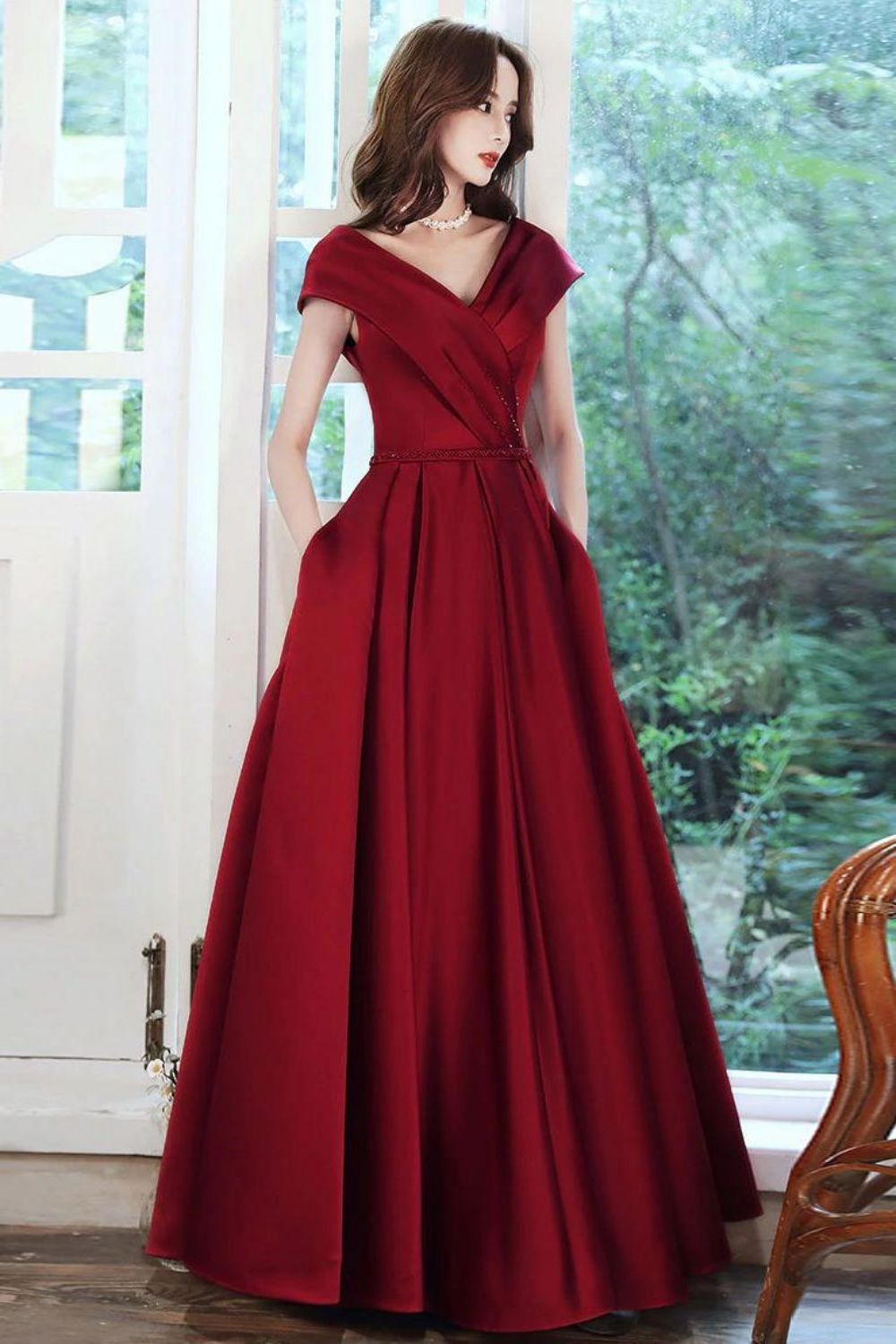 Weitese Beautiful A Line V Neck Burgundy Long Prom Dress with Ruffles