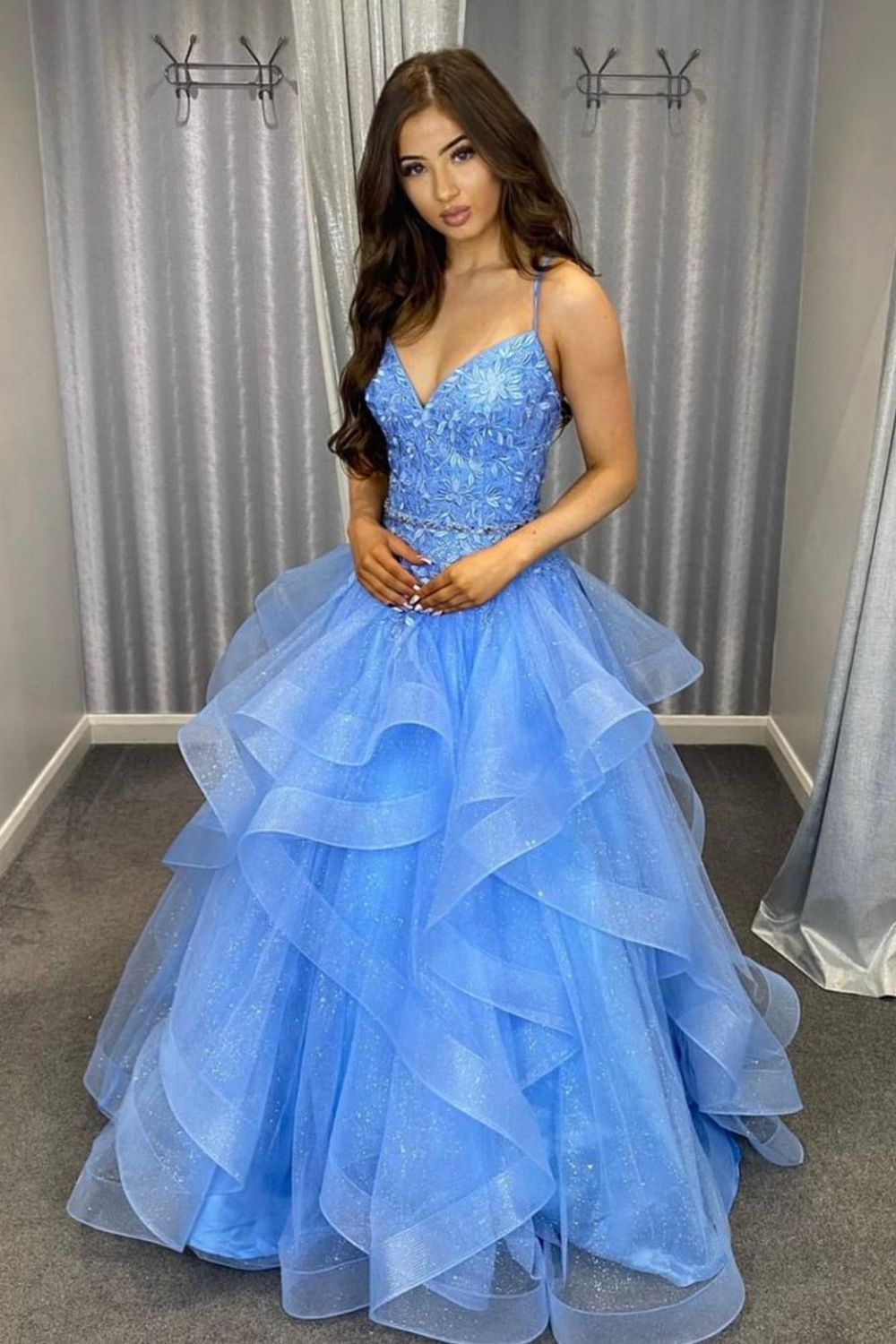 Weitese Princess A Line Spaghetti Straps Blue Long Prom Dress with Appliques