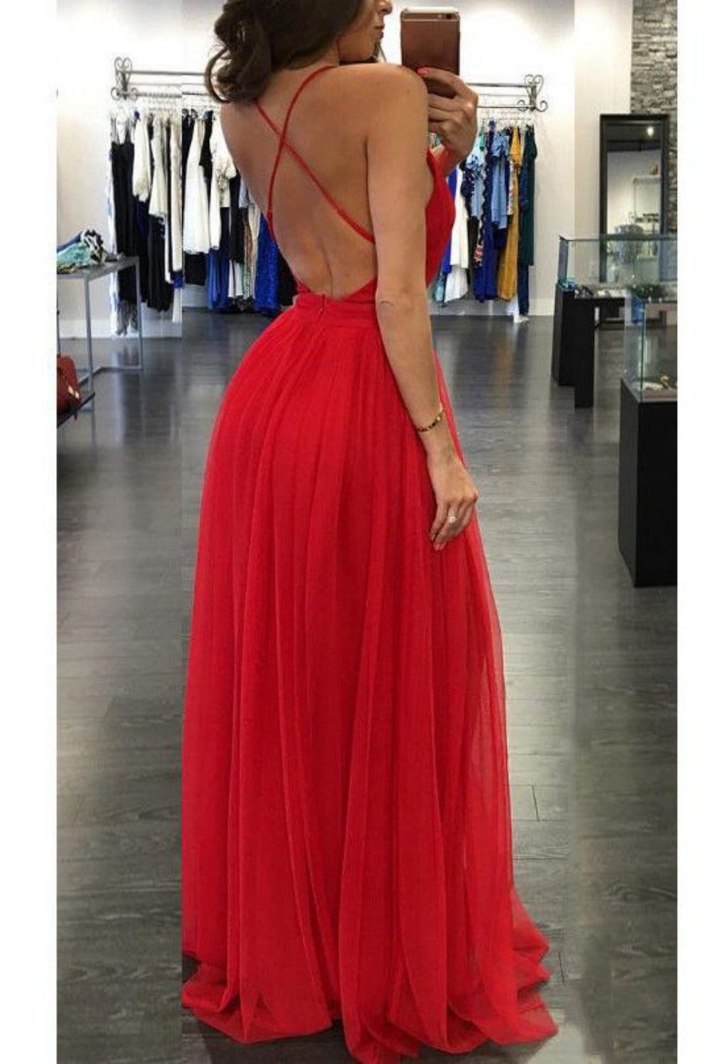 Weitese Hot Sexy Spaghetti Straps Red Long Prom Dress with Backless