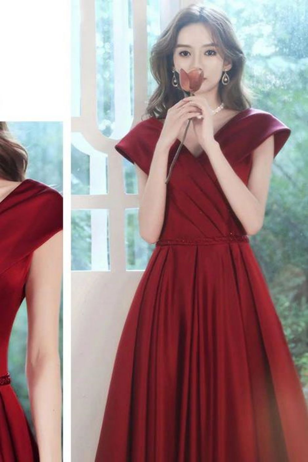 Weitese Beautiful A Line V Neck Burgundy Long Prom Dress with Ruffles