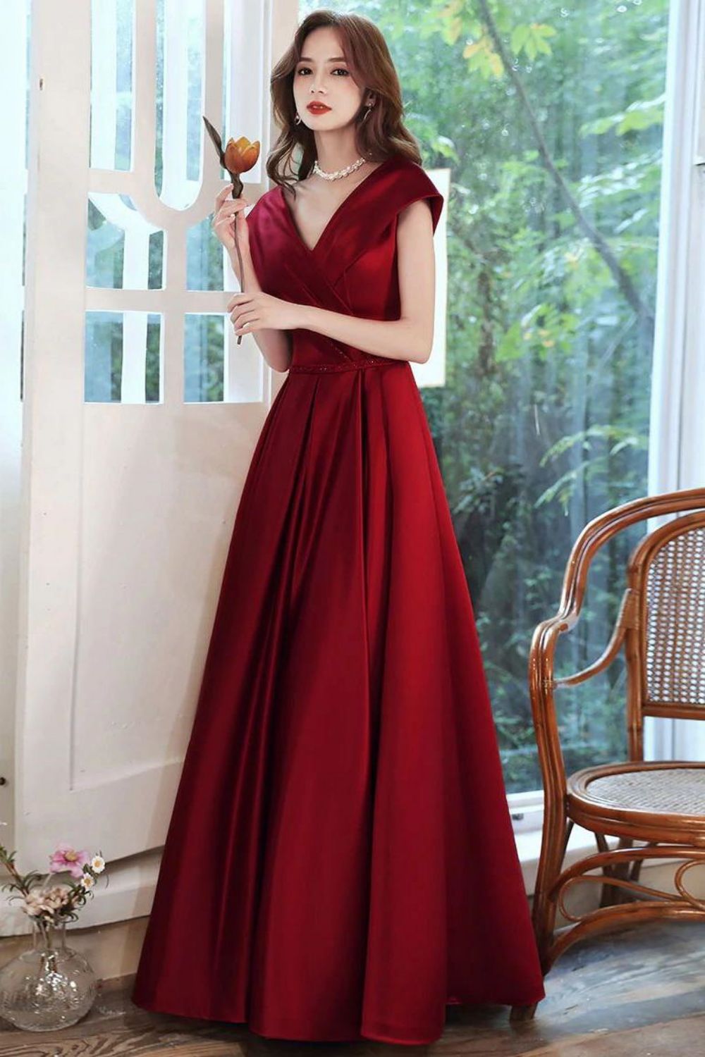 Weitese Beautiful A Line V Neck Burgundy Long Prom Dress with Ruffles