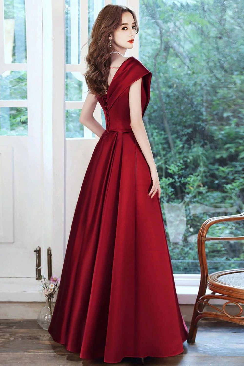 Weitese Beautiful A Line V Neck Burgundy Long Prom Dress with Ruffles
