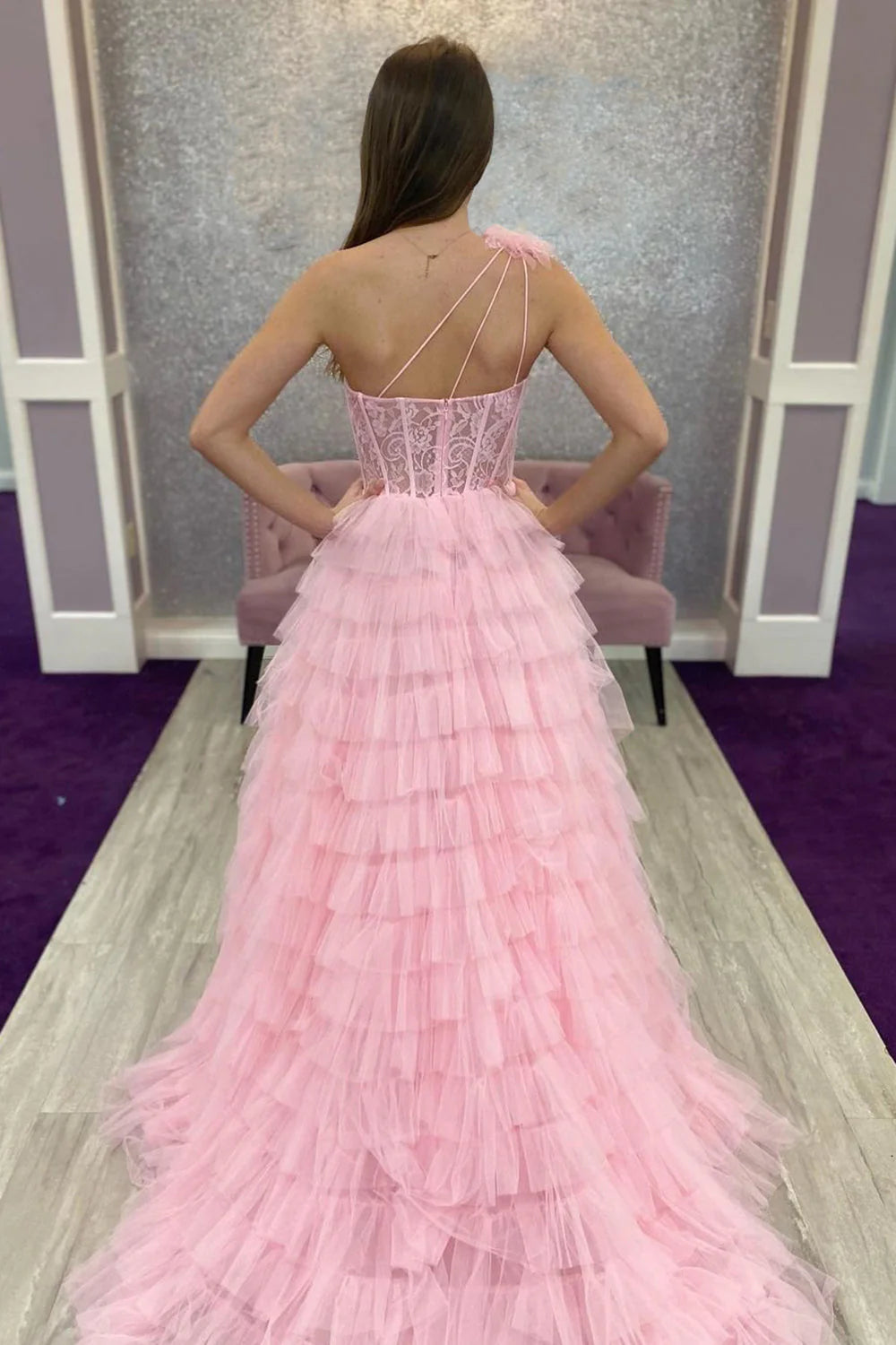 One Shoulder Corset Tiered Long Prom Dress With Ruffles