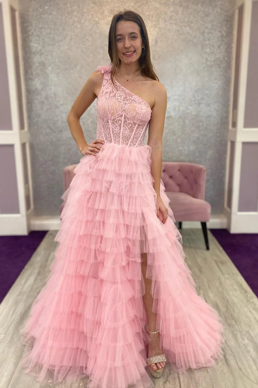 One Shoulder Corset Tiered Long Prom Dress With Ruffles