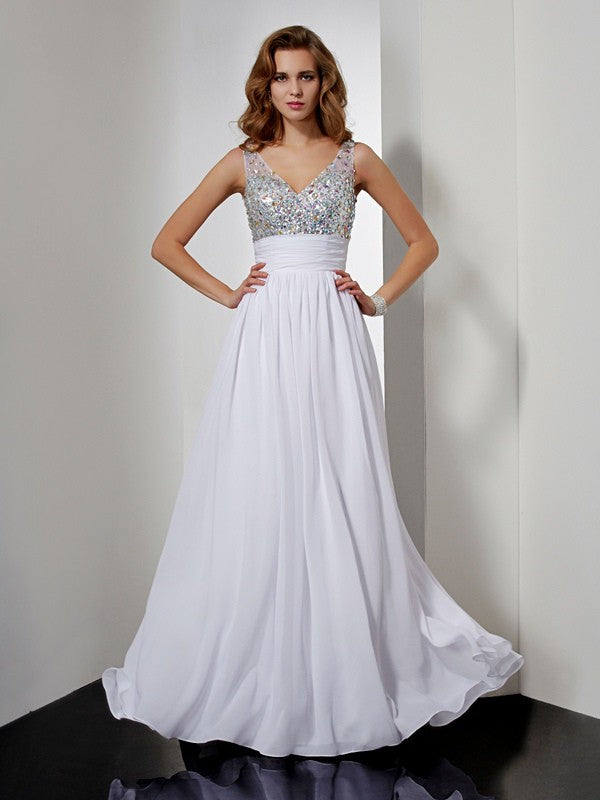 V-neck Rhinestone Sleeveless Long Chiffon Dresses