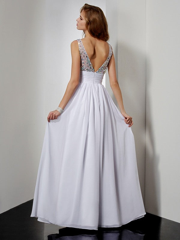 V-neck Rhinestone Sleeveless Long Chiffon Dresses