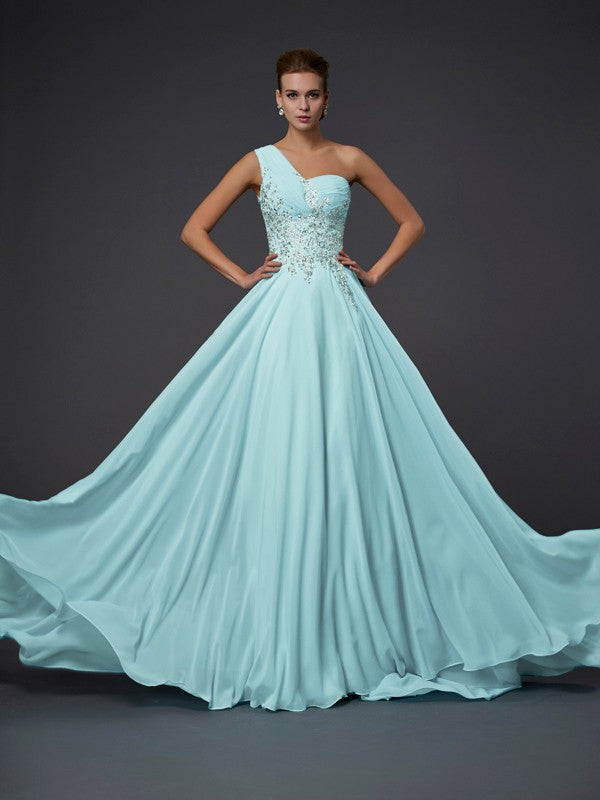 One-Shoulder Sleeveless Ruffles Long Chiffon Dresses