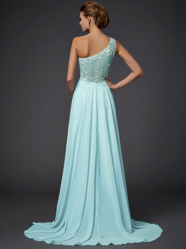 One-Shoulder Sleeveless Ruffles Long Chiffon Dresses