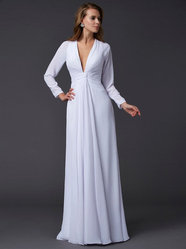 V-neck Long Sleeves Ruched Long Chiffon Dresses
