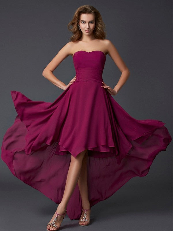 Sweetheart Sleeveless Pleats High Low Chiffon Dresses