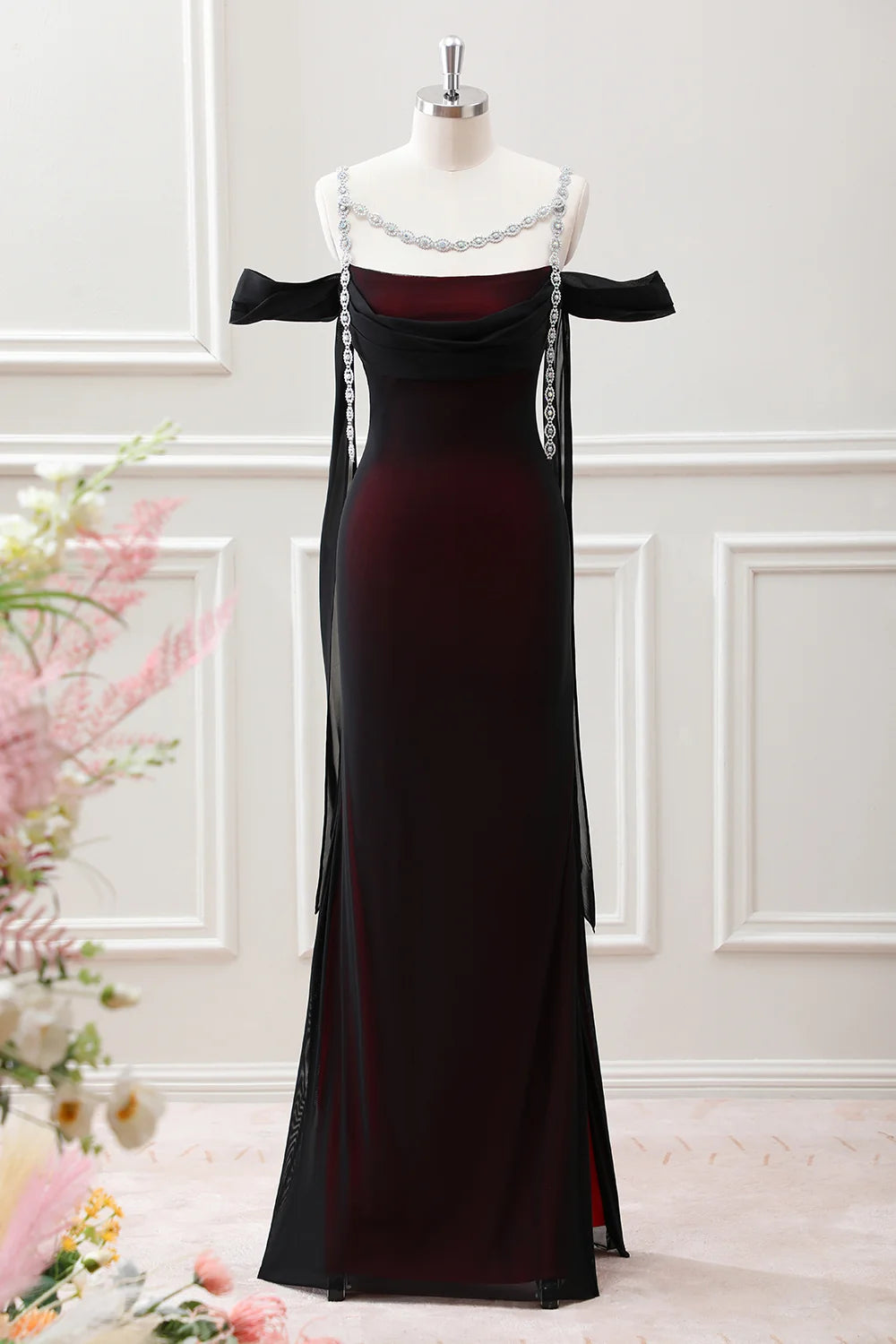 Burgundy Chiffon Sheath Off-the-Shoulder Zipper Back Floor-Length Dress
