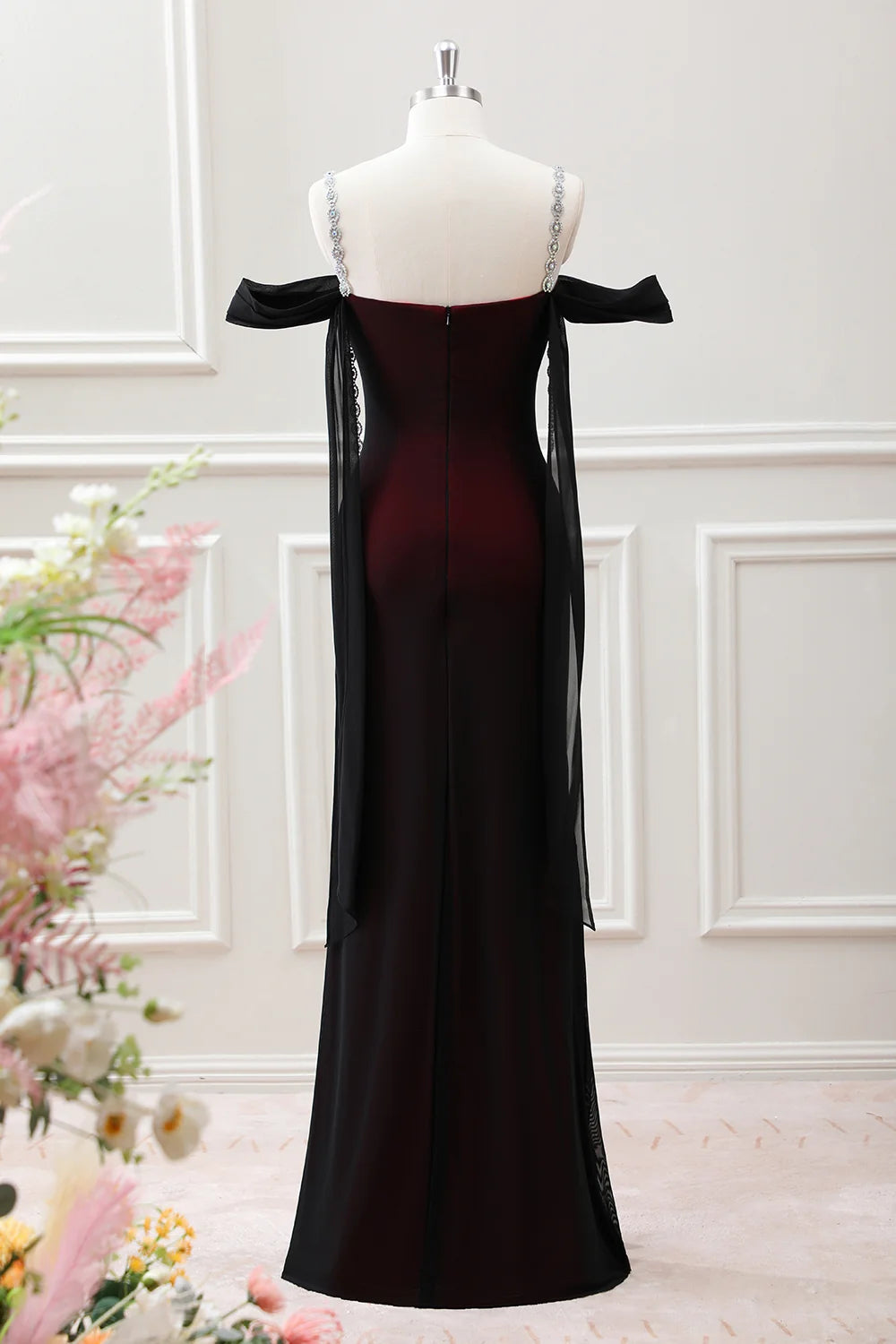 Burgundy Chiffon Sheath Off-the-Shoulder Zipper Back Floor-Length Dress
