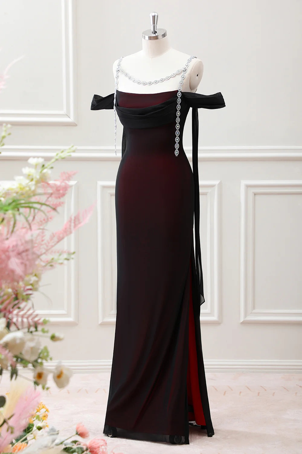 Burgundy Chiffon Sheath Off-the-Shoulder Zipper Back Floor-Length Dress