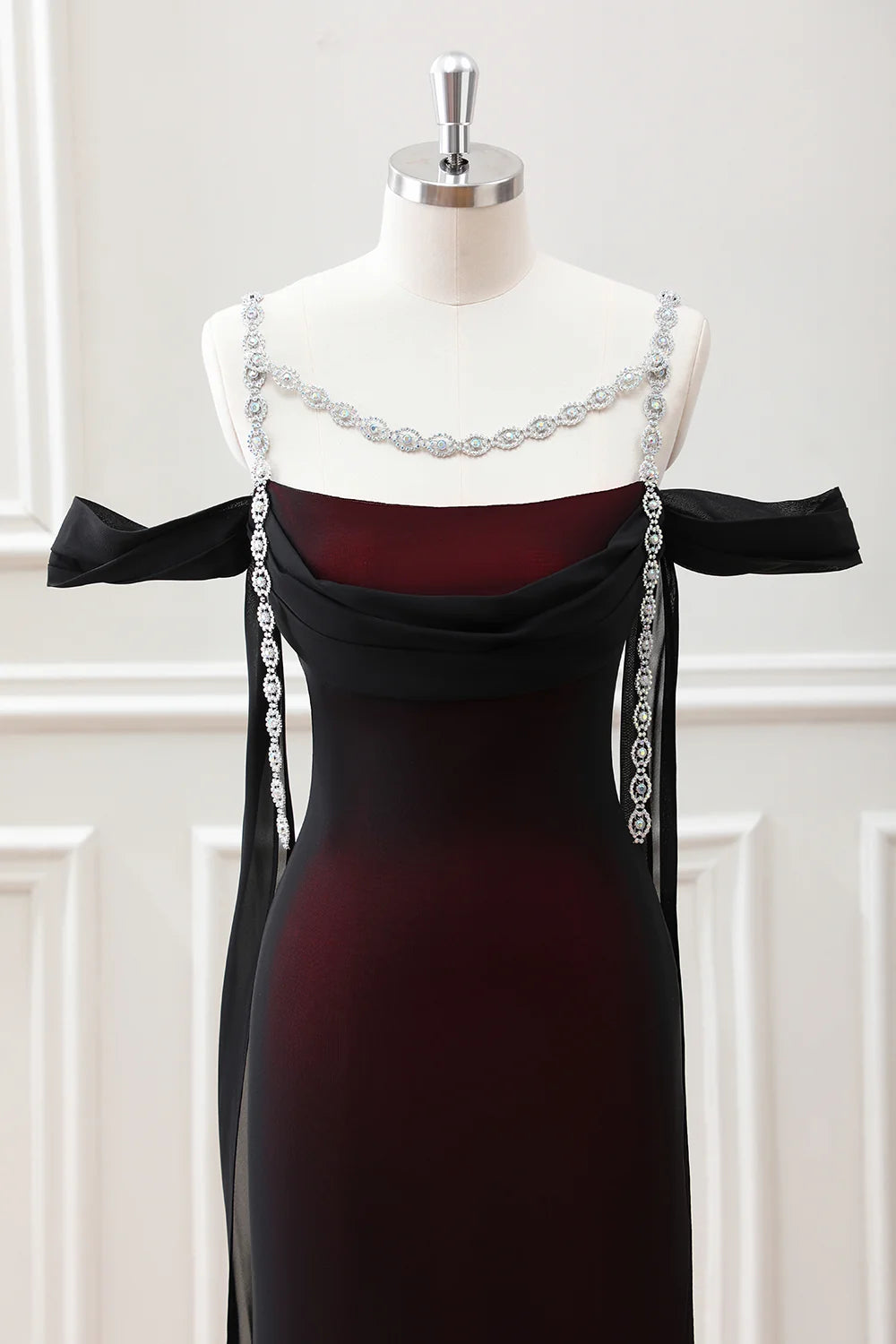 Burgundy Chiffon Sheath Off-the-Shoulder Zipper Back Floor-Length Dress