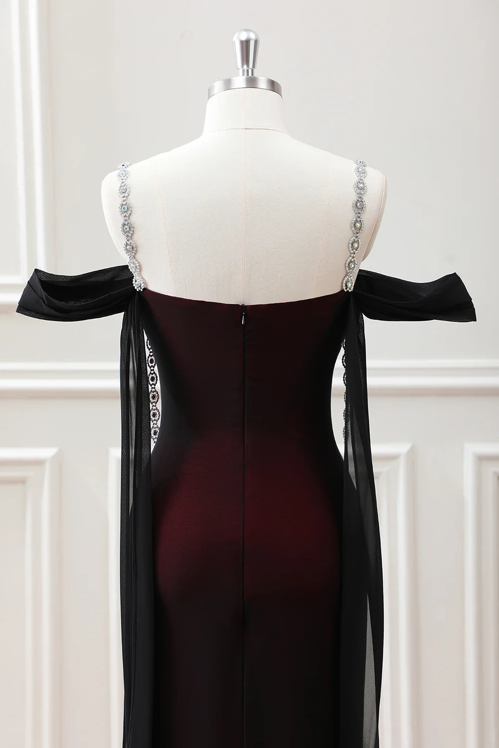 Burgundy Chiffon Sheath Off-the-Shoulder Zipper Back Floor-Length Dress