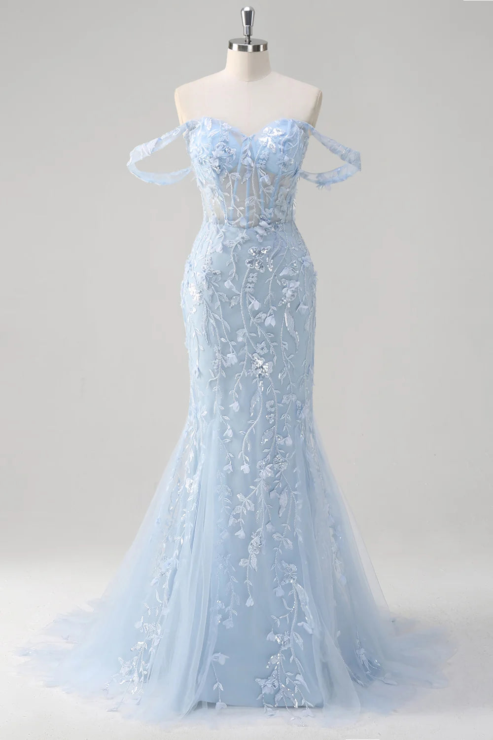 Sky Blue Sequin Tulle Trumpet Sweetheart Lace-Up Back Floor-Length Dress