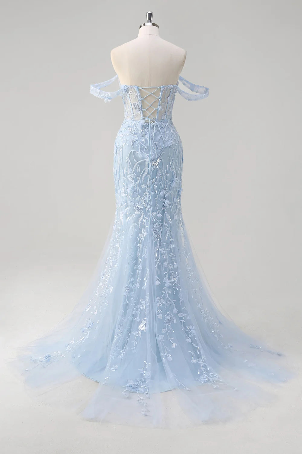 Sky Blue Sequin Tulle Trumpet Sweetheart Lace-Up Back Floor-Length Dress