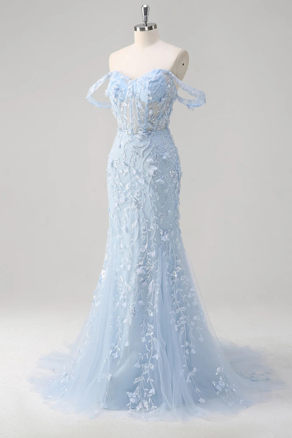 Sky Blue Sequin Tulle Trumpet Sweetheart Lace-Up Back Floor-Length Dress