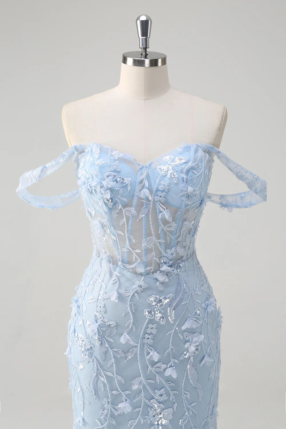 Sky Blue Sequin Tulle Trumpet Sweetheart Lace-Up Back Floor-Length Dress